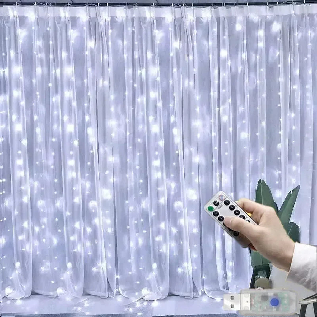 White LED curtain lights over a window