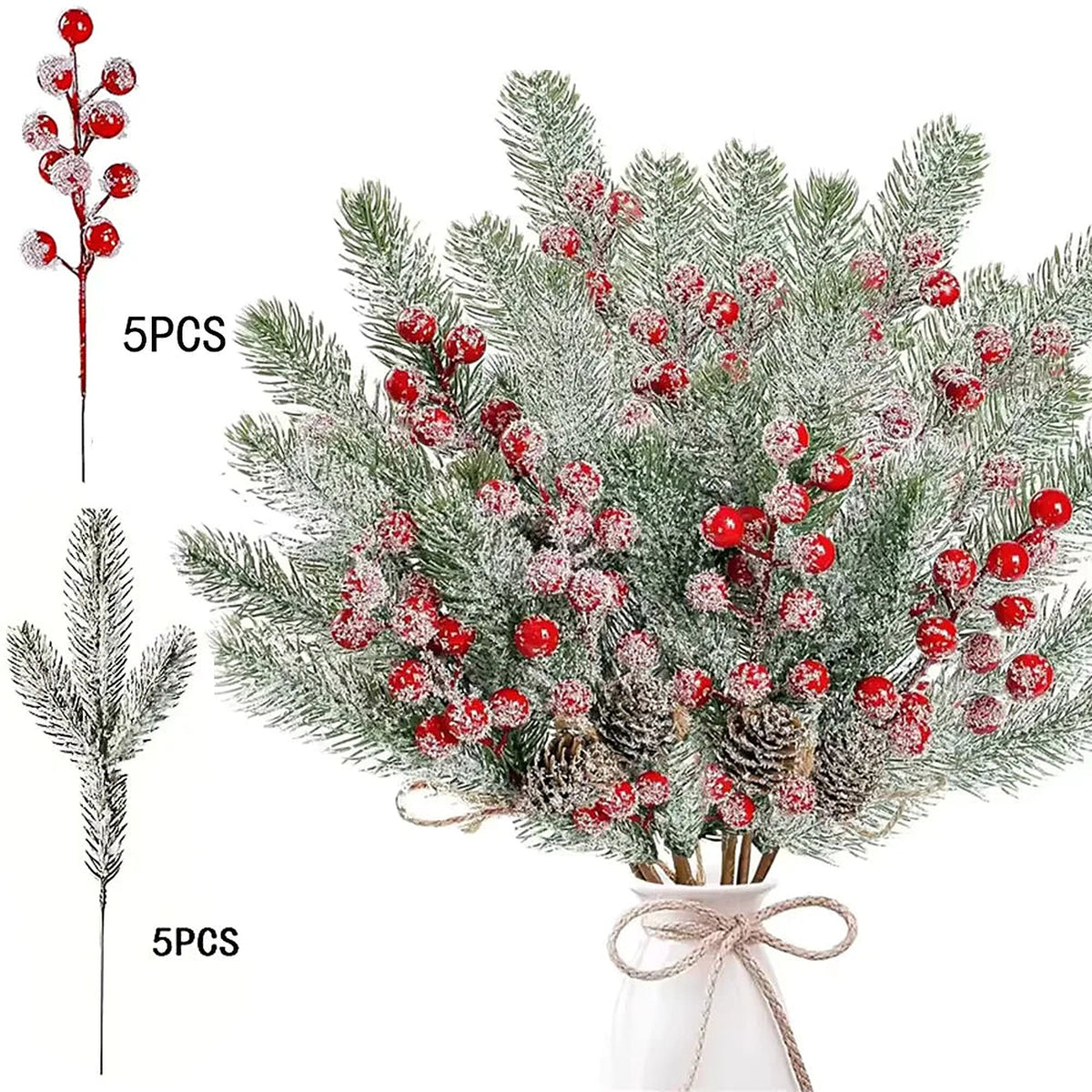Frosted pine and red berry picks in a vase