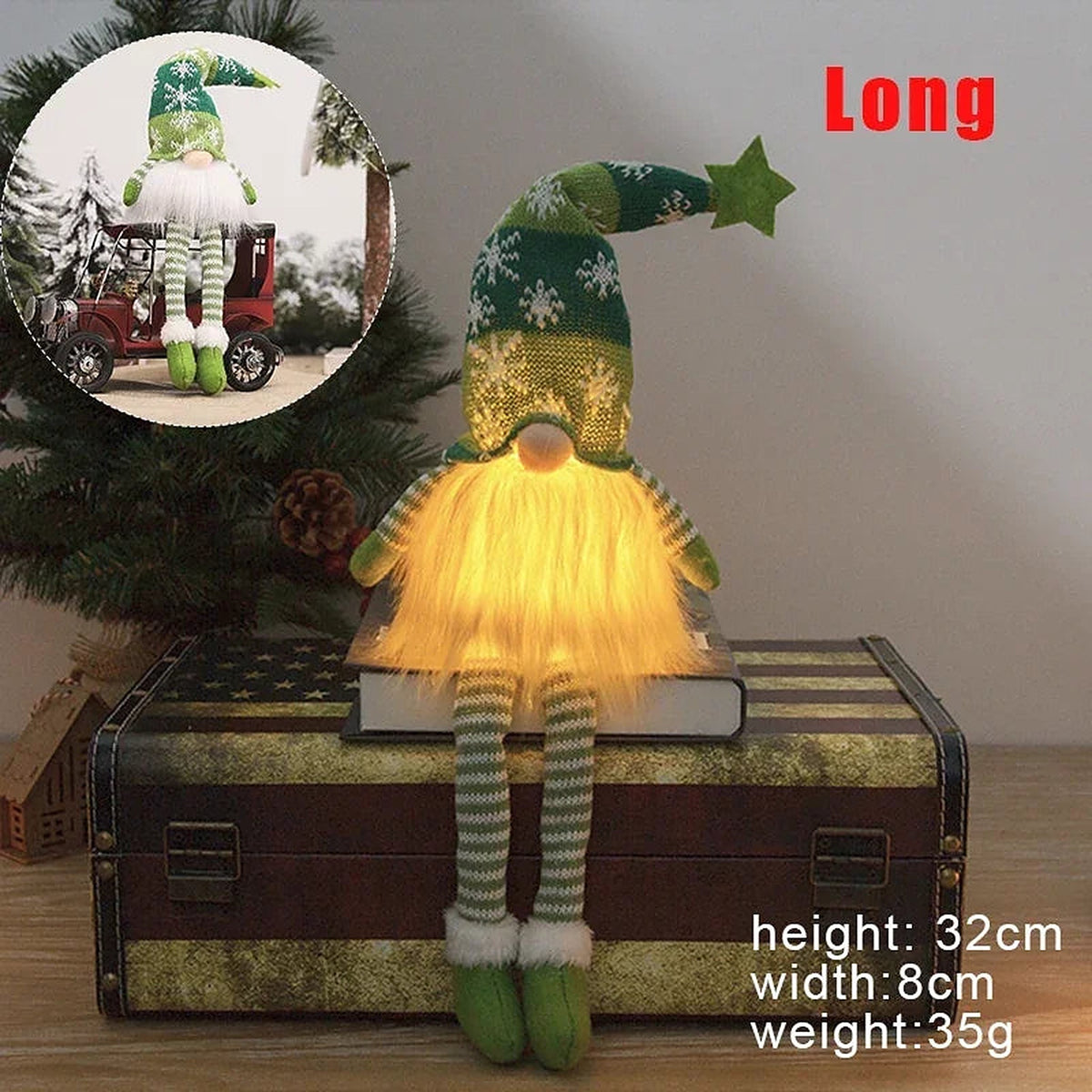 Green long-leg light-up knitted gnome, 32 cm tall