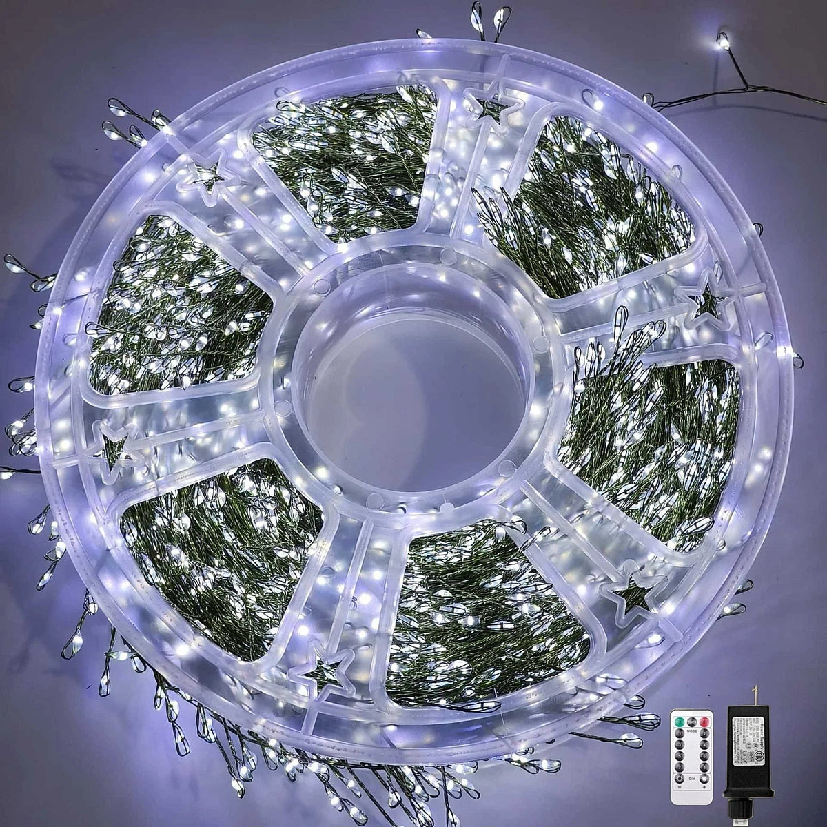 Cool white cluster lights reel with remote and adapter