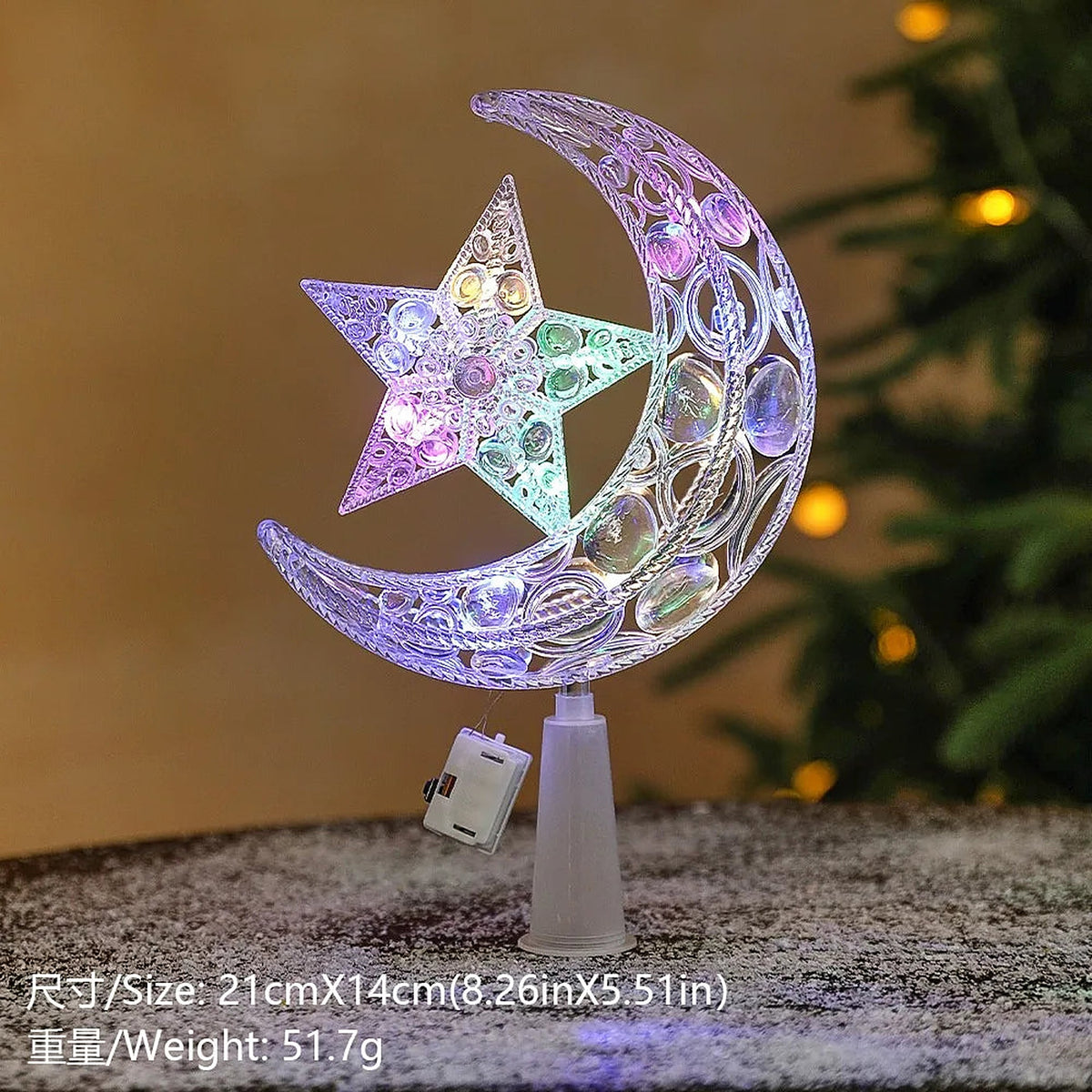 Moon-and-star LED tree topper with multicolor light