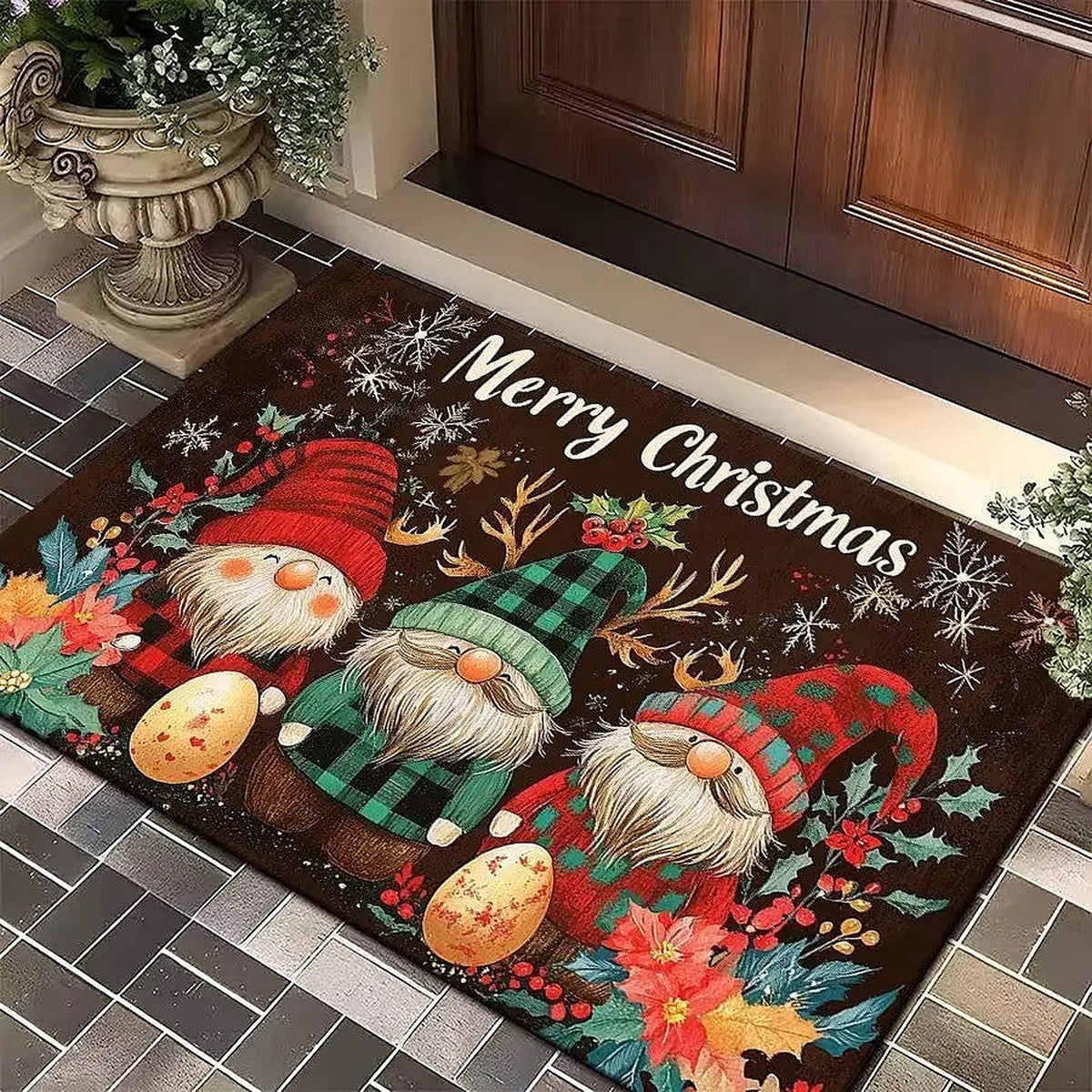 Brown Merry Christmas gnome door mat at a front door