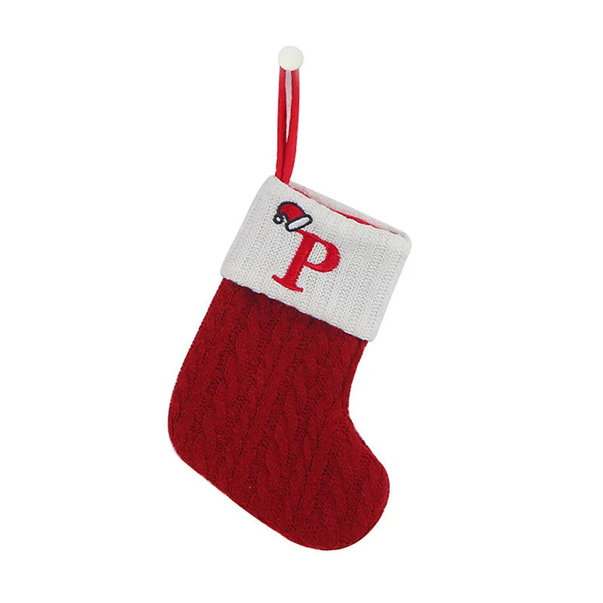 Red knit mini Christmas stocking with embroidered letter P