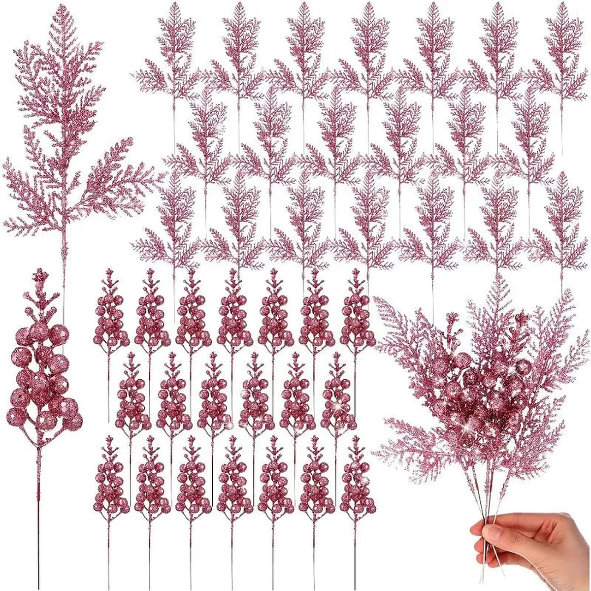 Pink glitter berry and pine picks