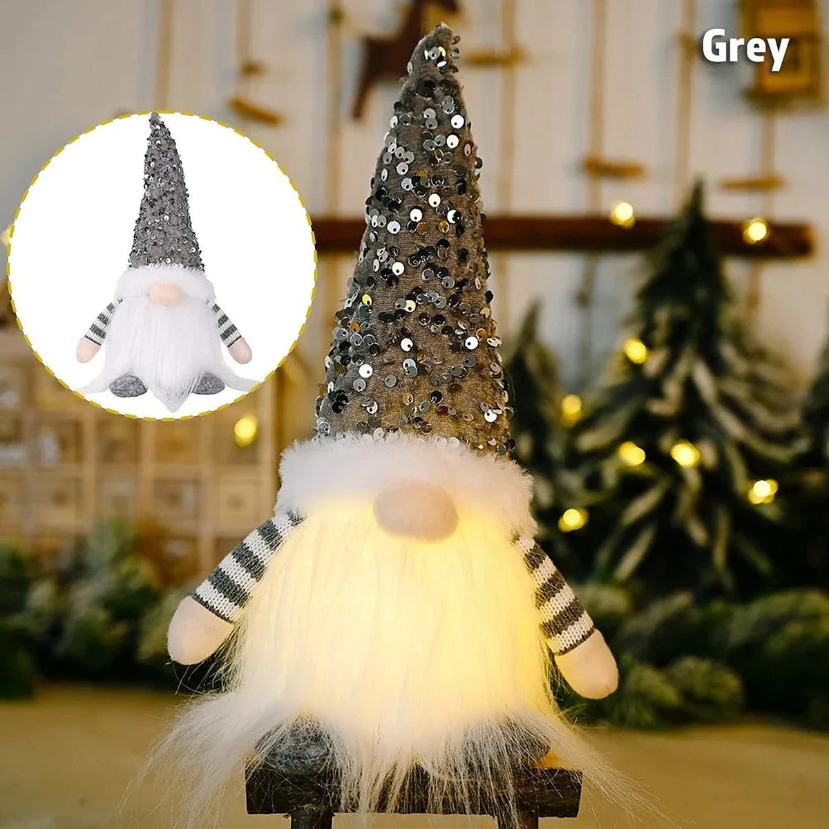 Light-up gnome with grey sequin hat