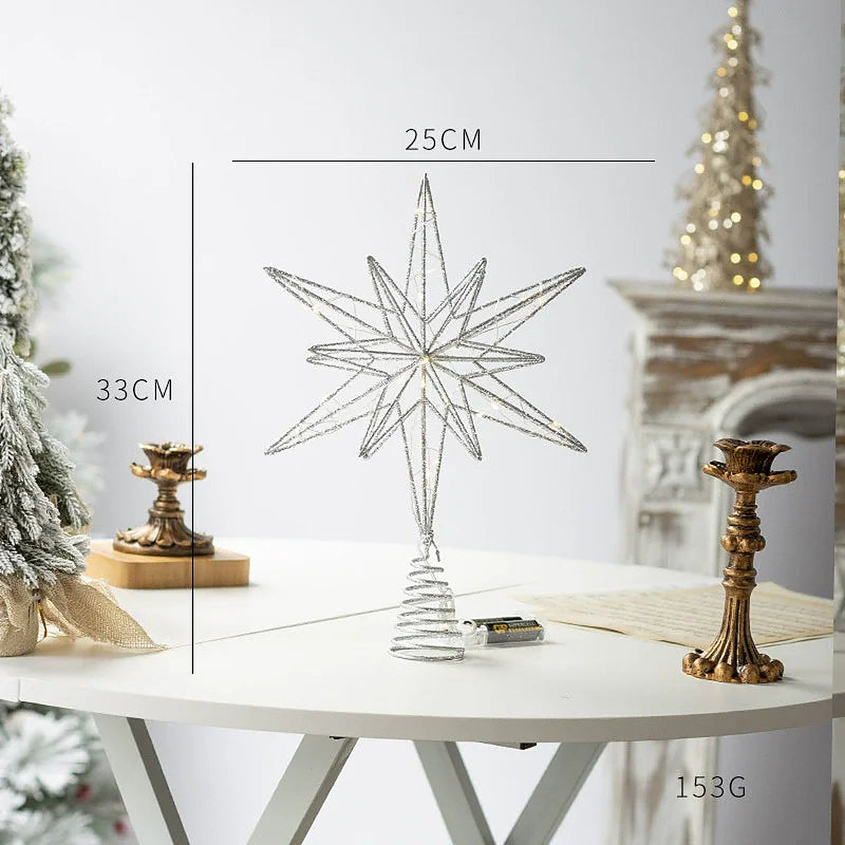 Silver 8-point star tree topper dimensions: 25 x 33 cm