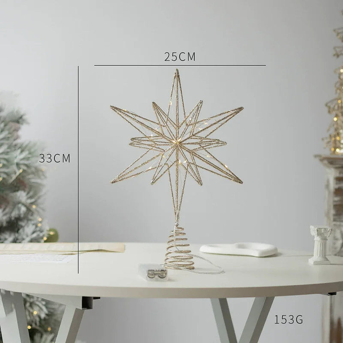 Gold 8-point star tree topper dimensions: 25 x 33 cm