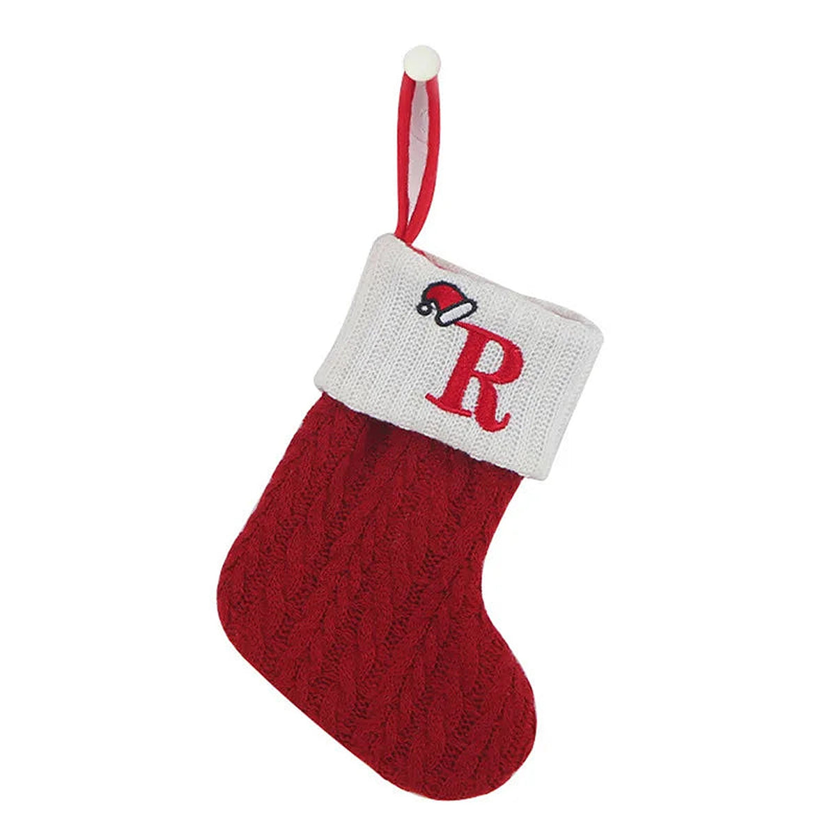 Red knit mini Christmas stocking with embroidered letter R