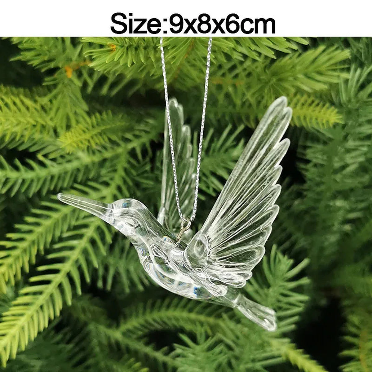 Clear acrylic hummingbird ornament, 9 × 8 cm