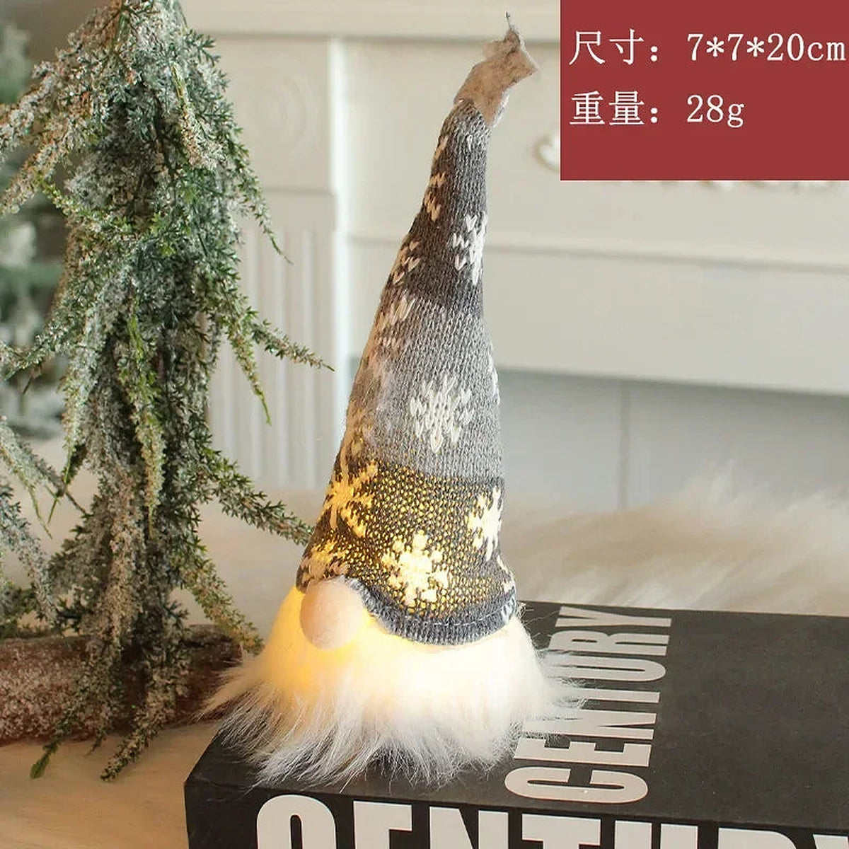 Grey short light-up knitted gnome with snowflake hat