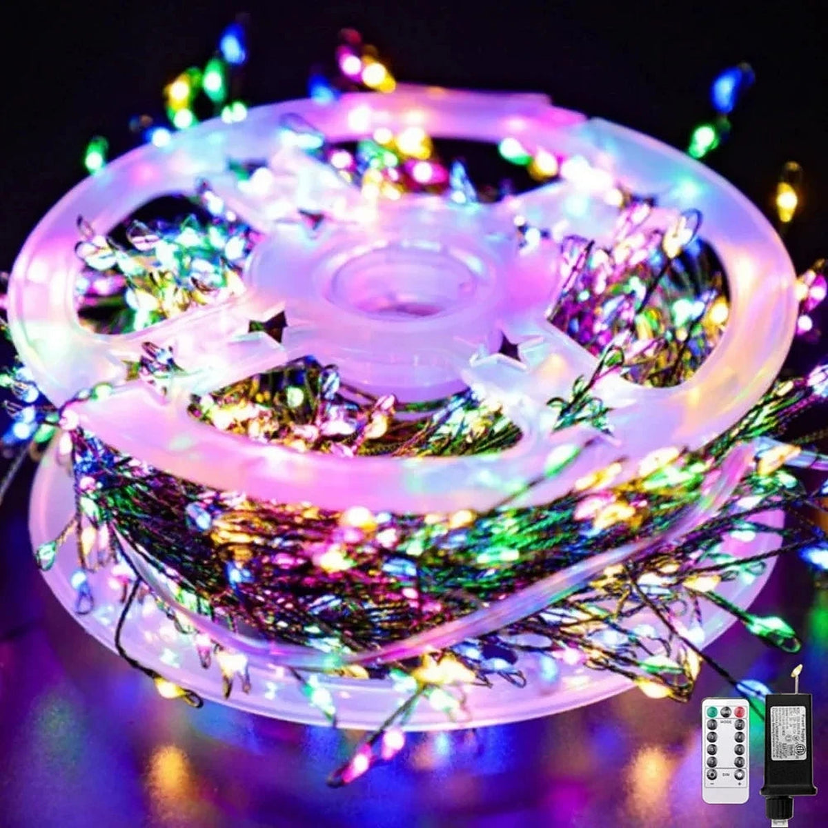 Multicolor cluster lights reel with remote and adapter
