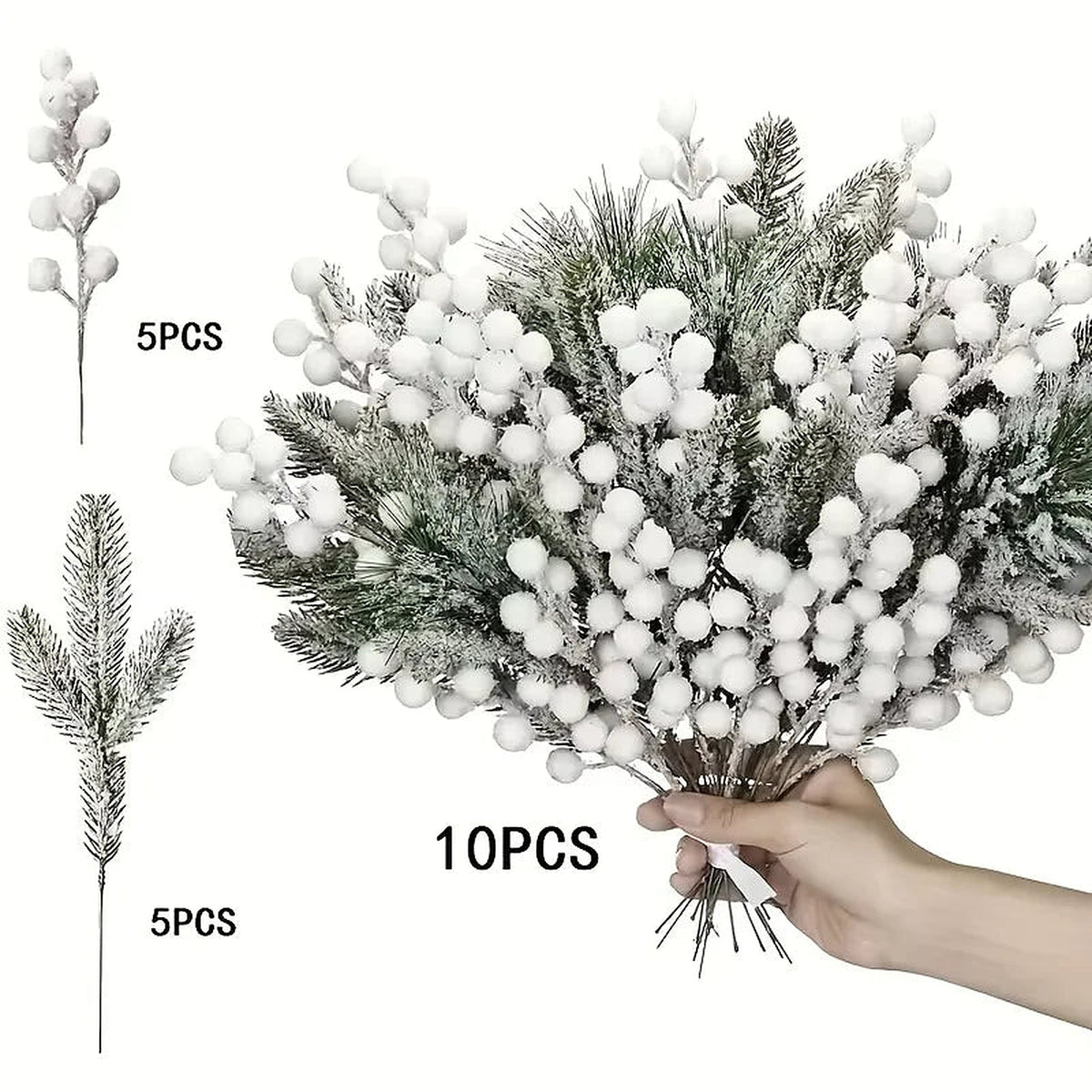 Frosted pine and white berry picks held in a hand