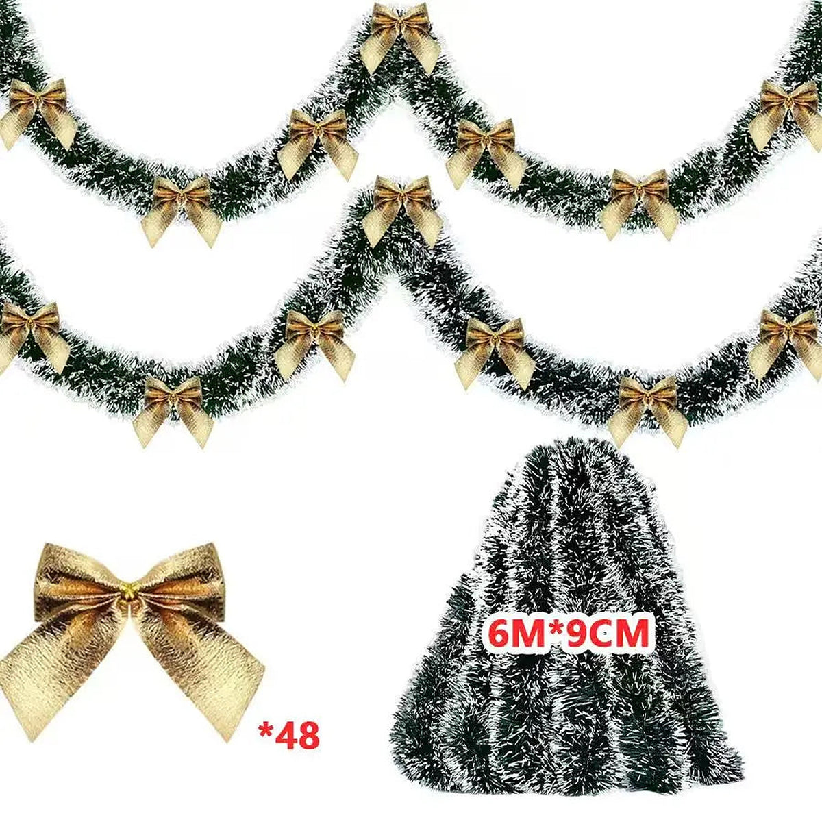 Frosted tinsel garland, 6 m, with gold bows