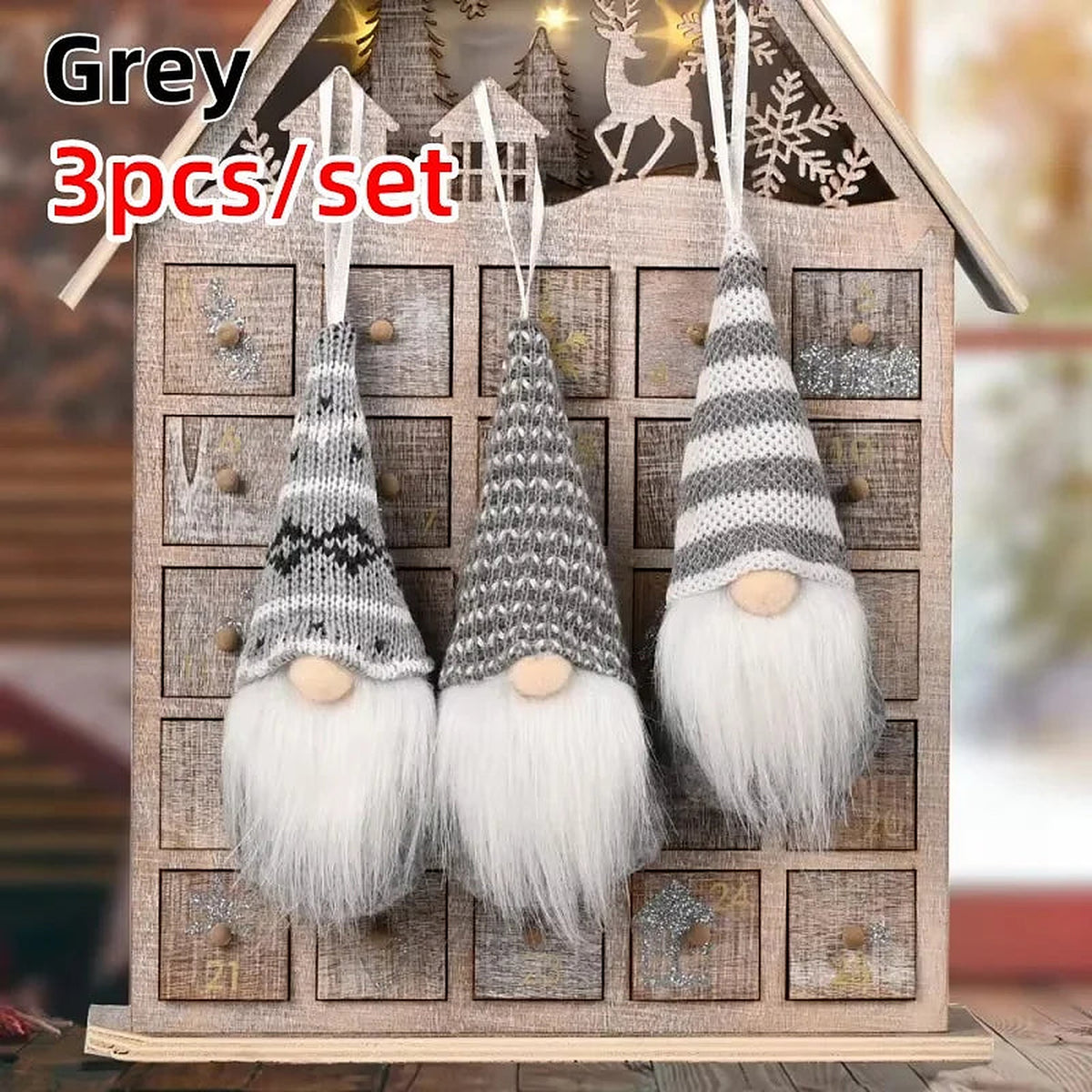 Grey plush gnome ornaments, set of 3