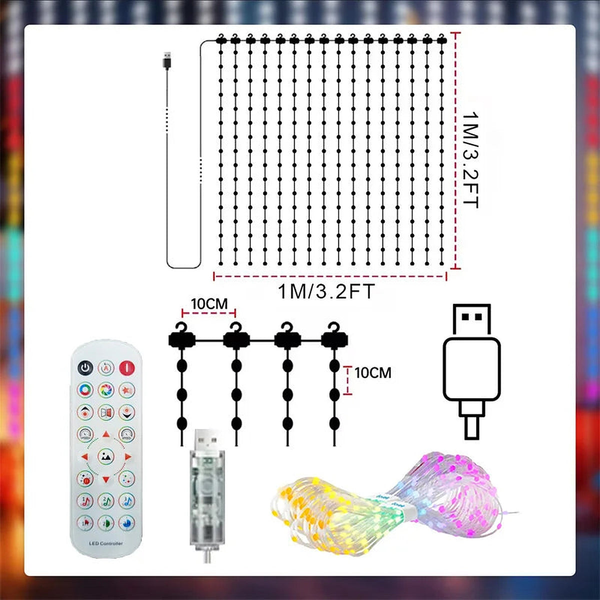 Curtain light size: 1 × 1 m with remote and USB plug