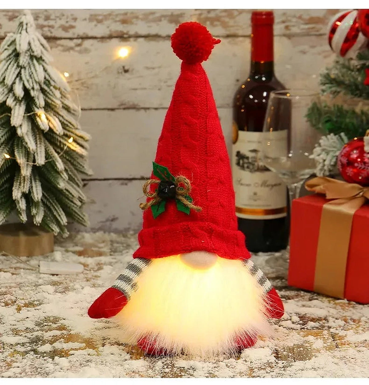 Light-up gnome with red knit hat