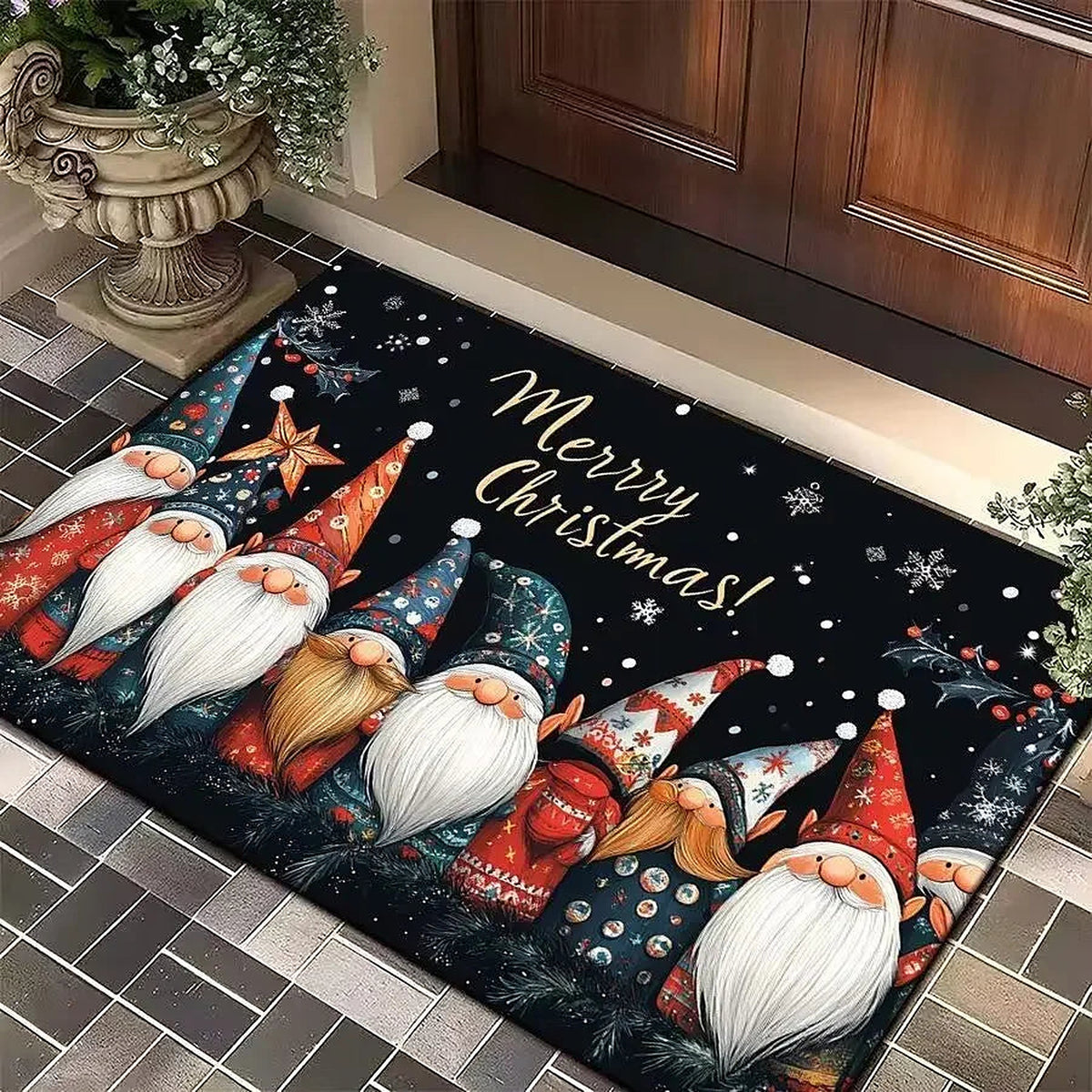 Black Merry Christmas door mat with a row of gnomes