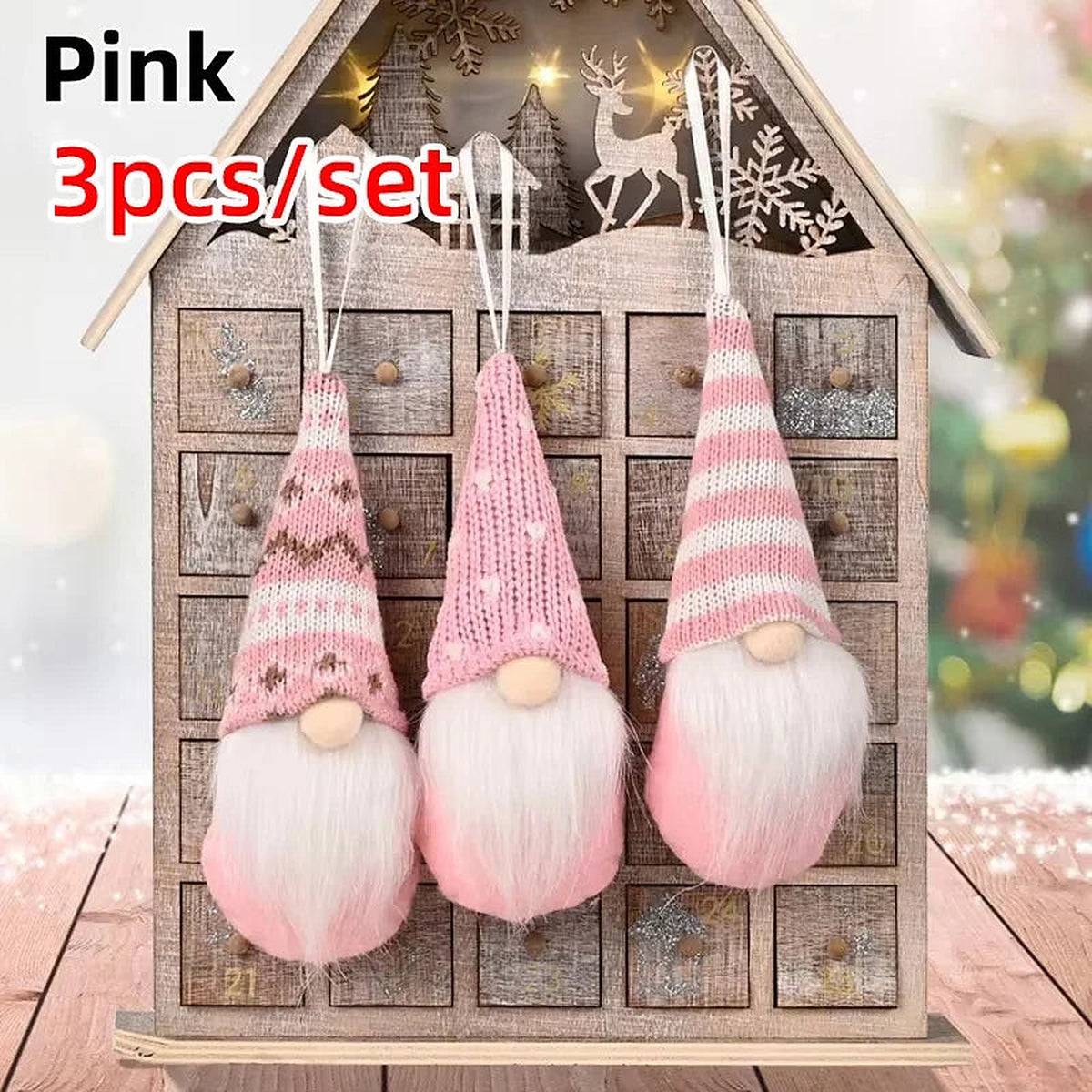 Pink plush gnome ornaments, set of 3