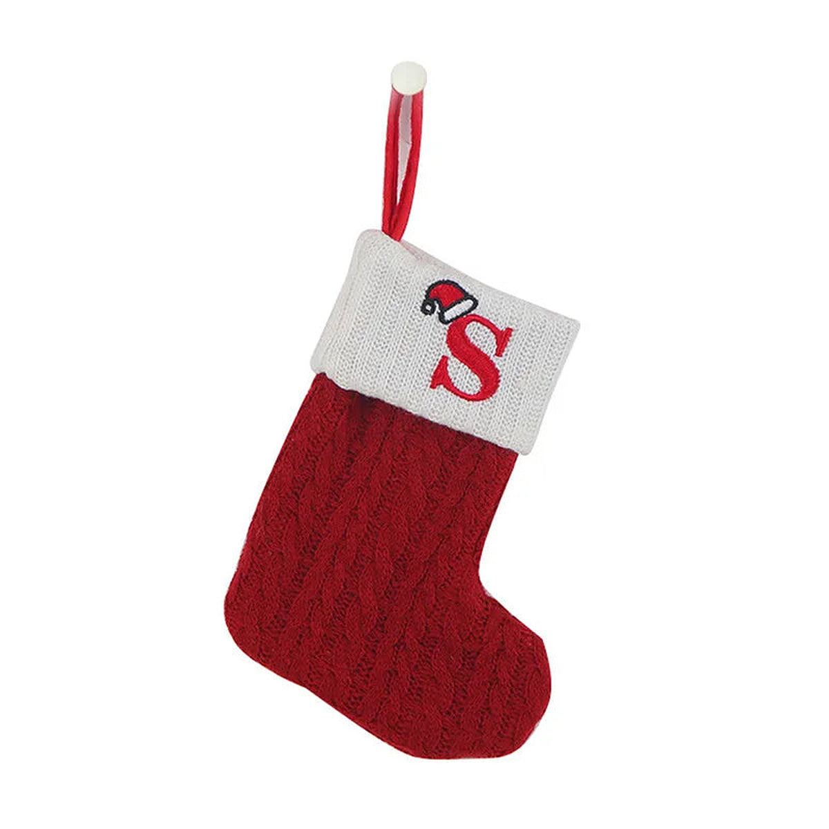 Red knit mini Christmas stocking with embroidered letter S