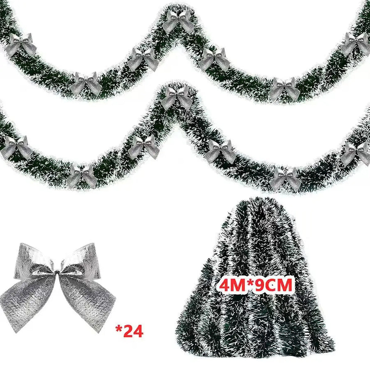 Frosted tinsel garland, 4 m, with silver bows