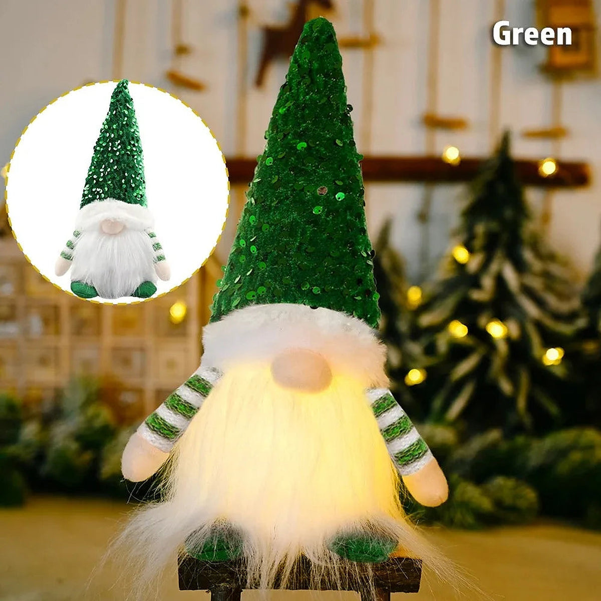 Light-up gnome with green sequin hat