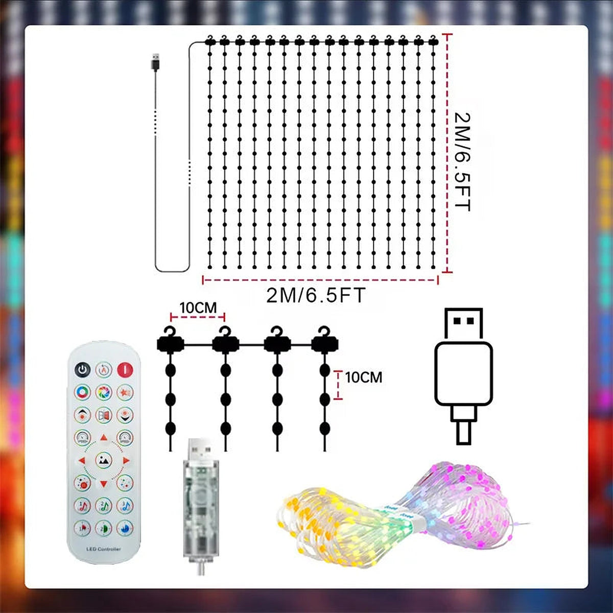 Curtain light size: 2 × 2 m with remote and USB plug