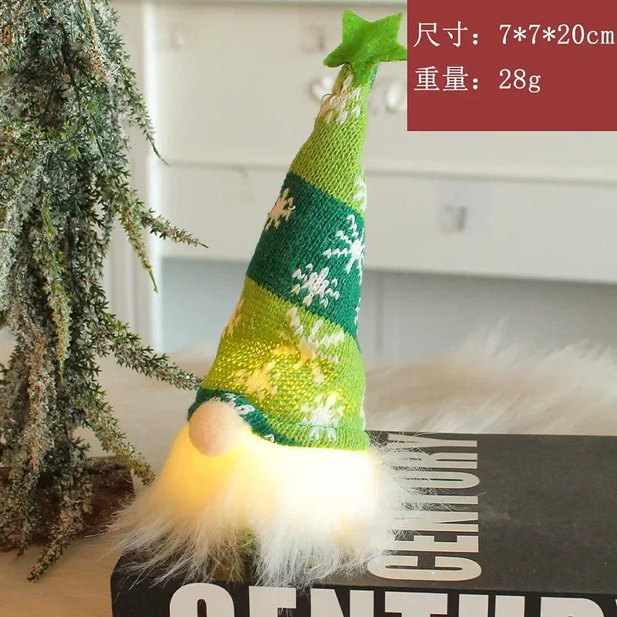 Green short light-up knitted gnome with star-topped hat