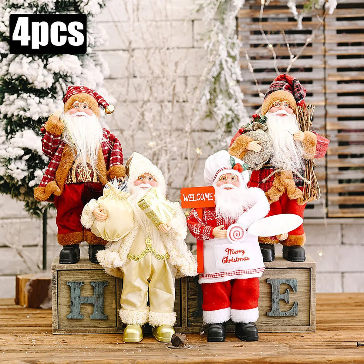 Set of 4 Santa figures on HOME letter blocks