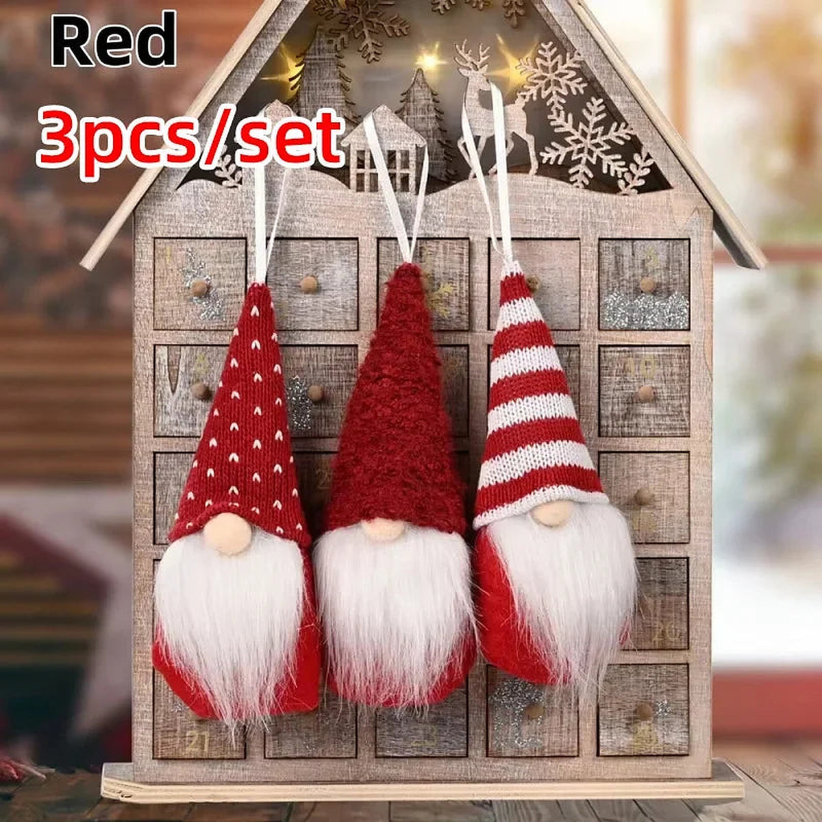 Red plush gnome ornaments, set of 3