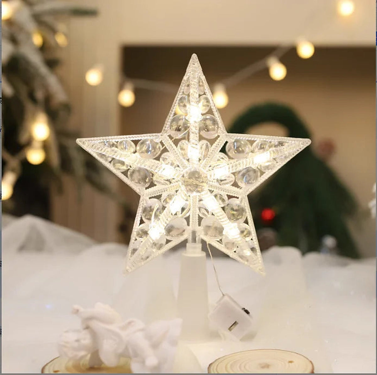 Clear five-point star tree topper with warm white LEDs