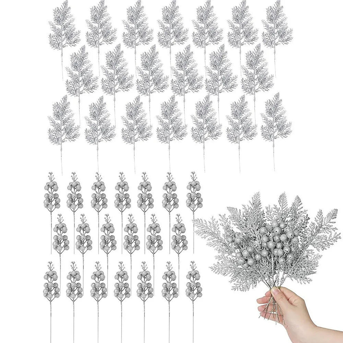 Silver glitter berry and pine picks