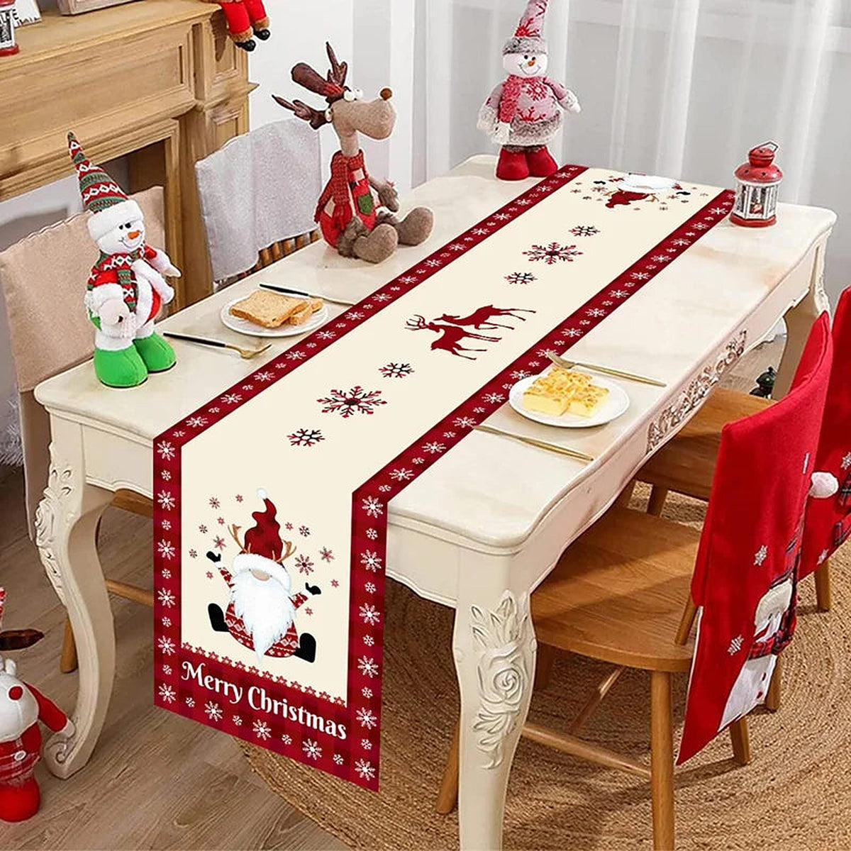 Cream gnome and reindeer table runner