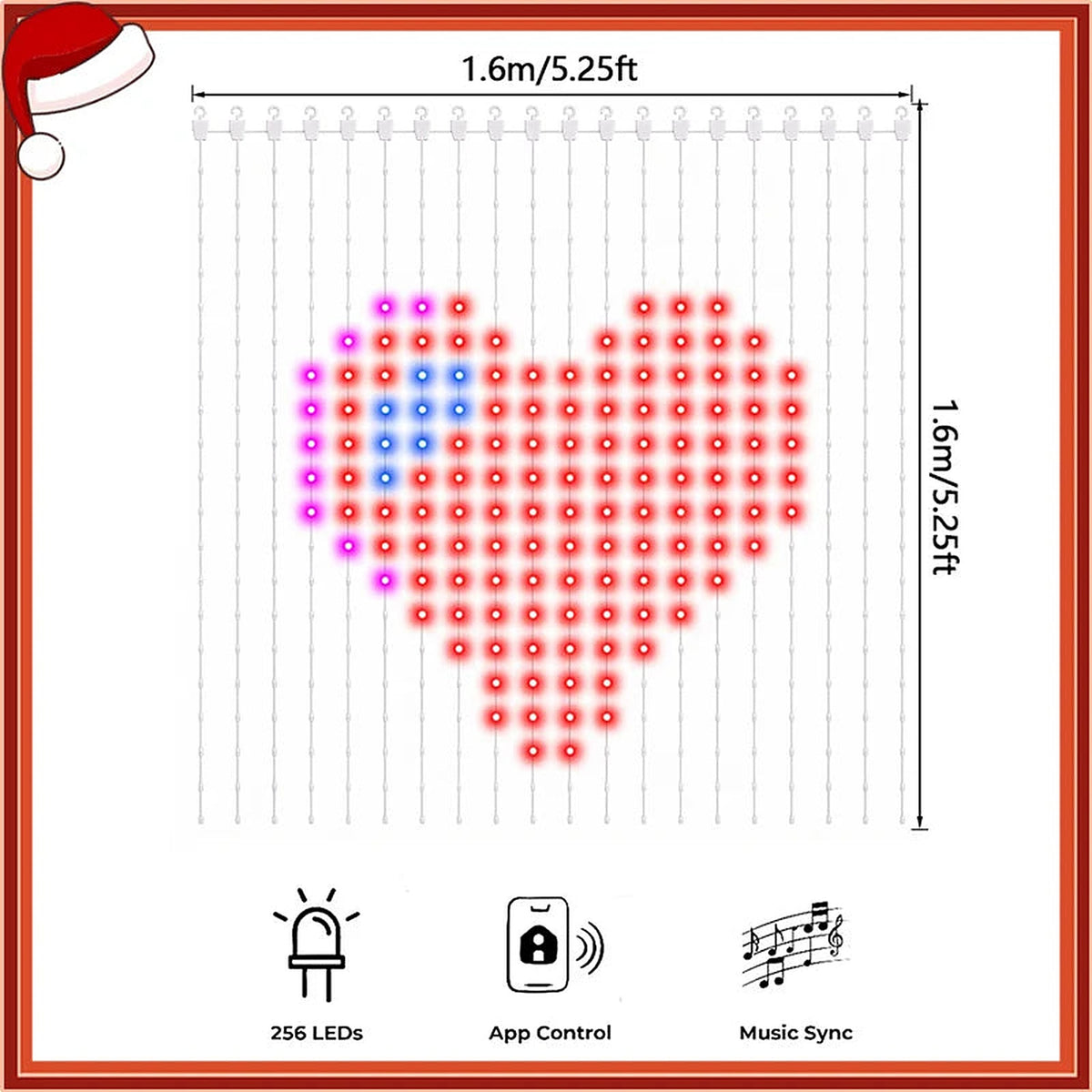 Upgraded 1.6 m curtain showing a heart, 256 LEDs