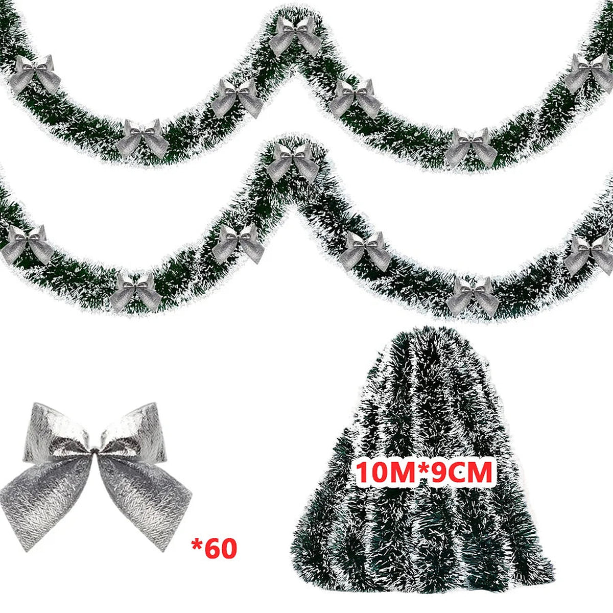 Frosted tinsel garland, 10 m, with silver bows