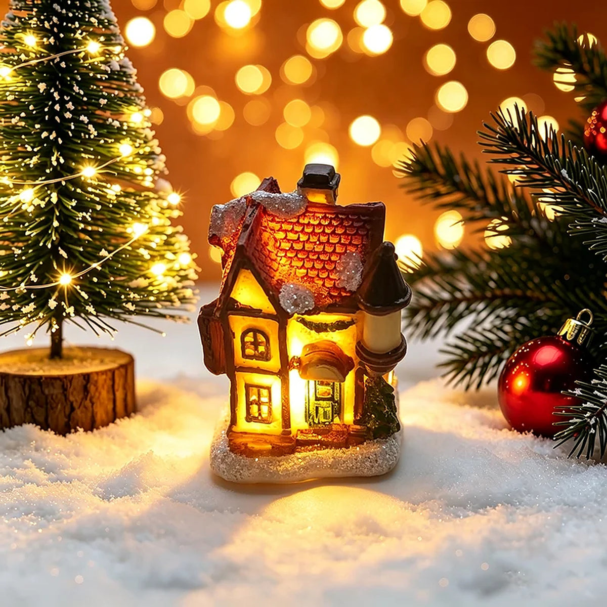 Little cottage light-up village house beside a mini tree