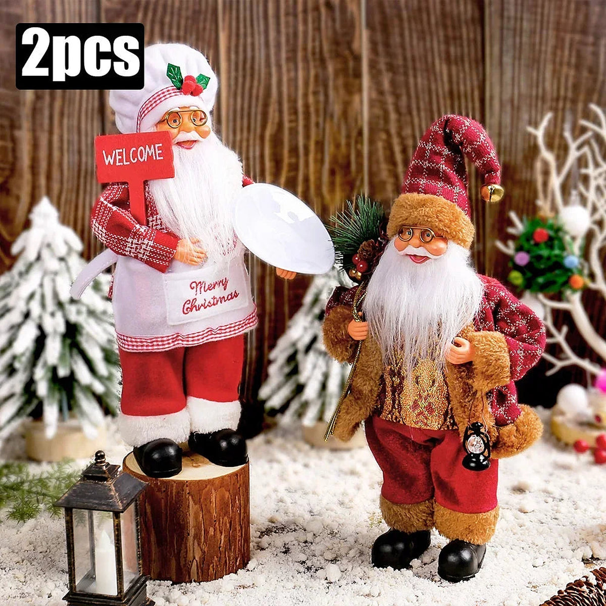 Set of 2: chef Santa and lantern Santa
