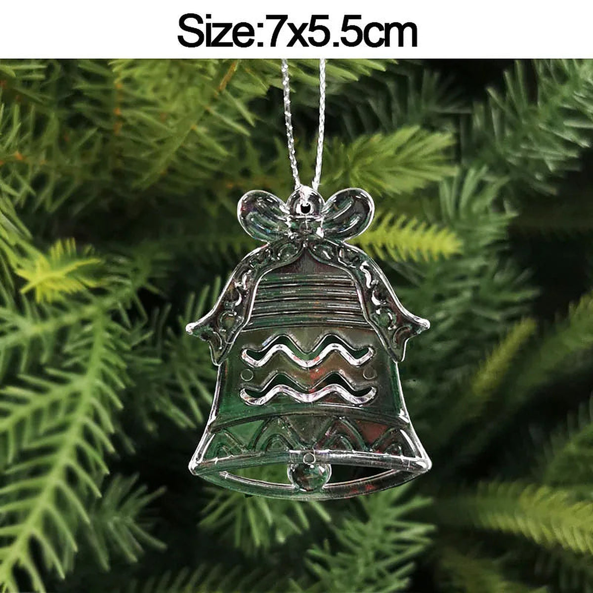 Clear acrylic bell ornament, 7 × 5.5 cm