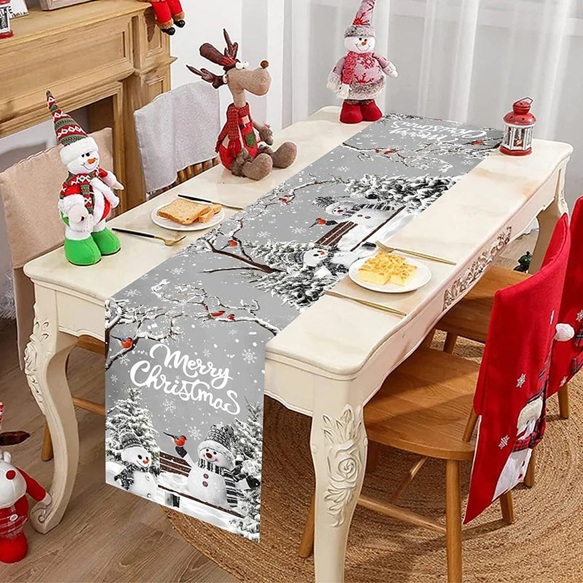 Silver snowman table runner
