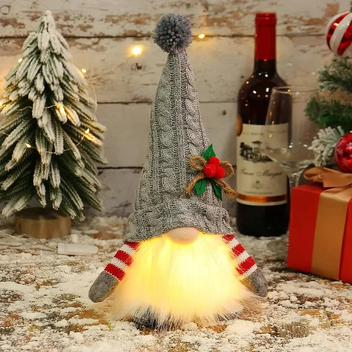 Light-up gnome with grey knit pom-pom hat