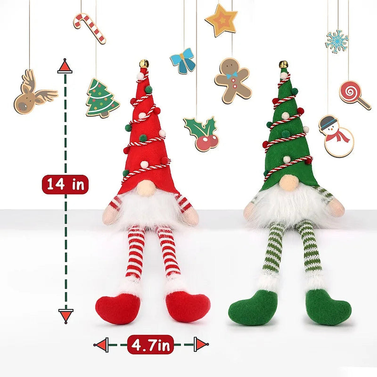 Red and green spiral-hat gnomes, about 14 in tall