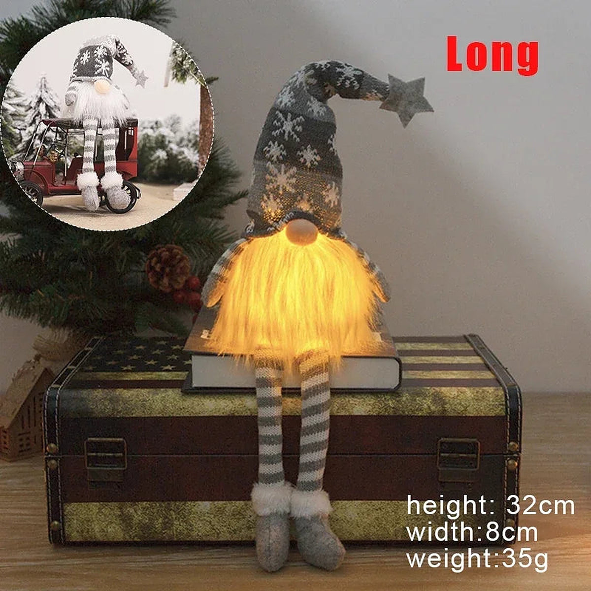 Grey long-leg light-up knitted gnome, 32 cm tall