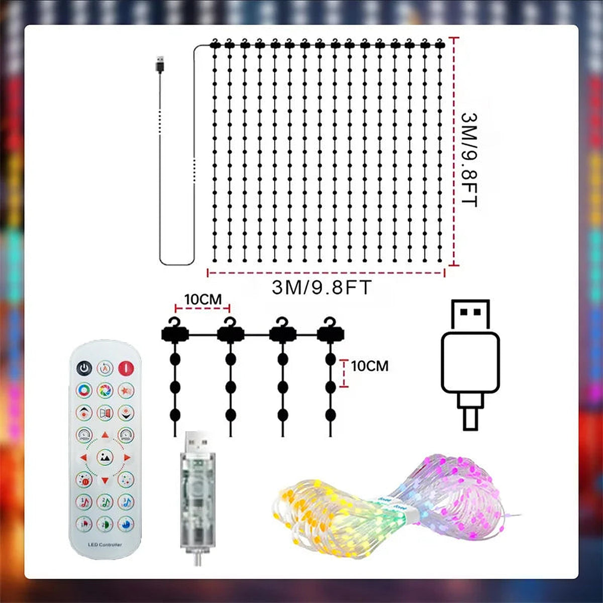 Curtain light size: 3 × 3 m with remote and USB plug