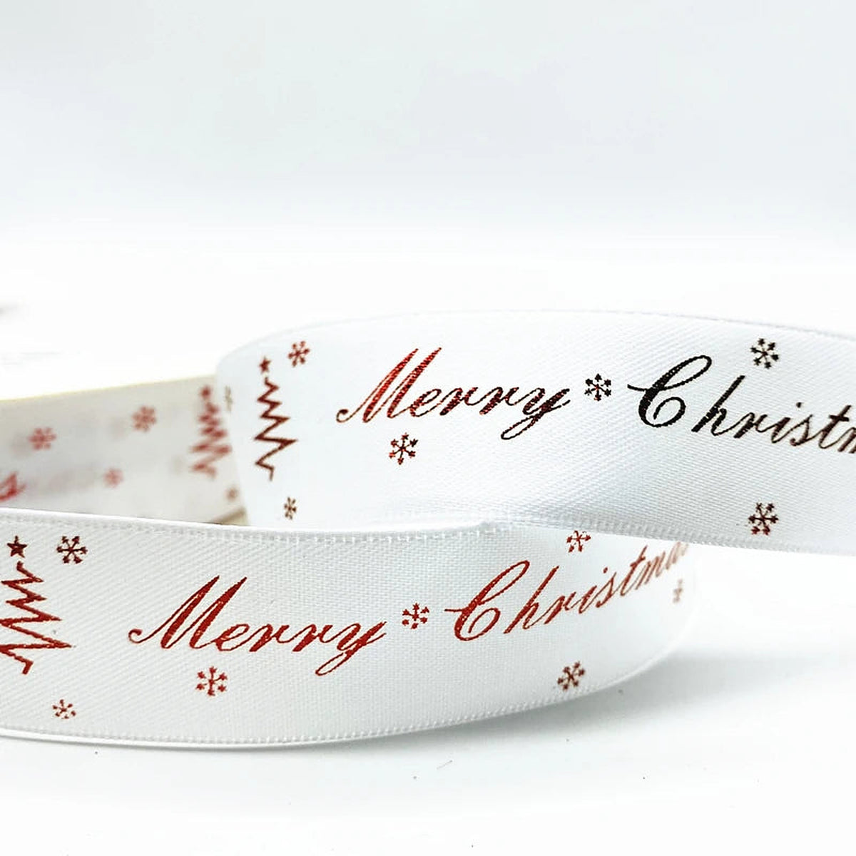 White ribbon with red Merry Christmas script