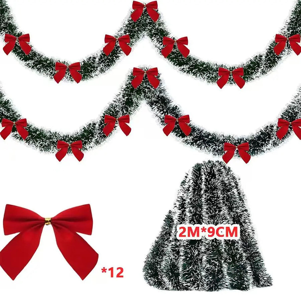Frosted tinsel garland, 2 m, with red bows