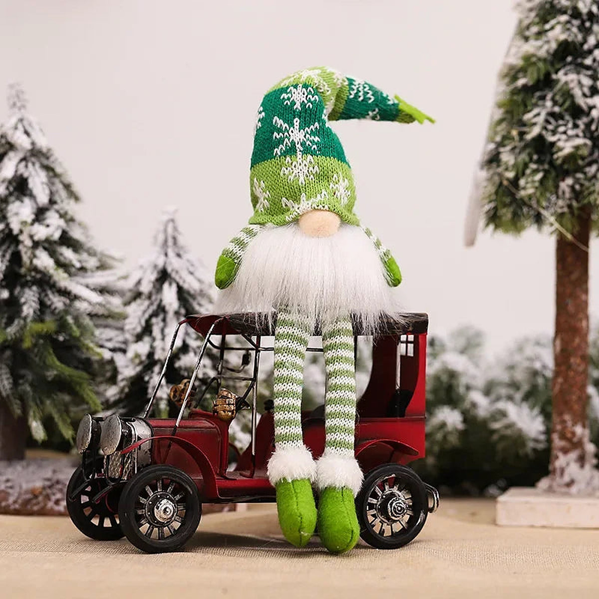 Green snowflake-hat gnome with long legs