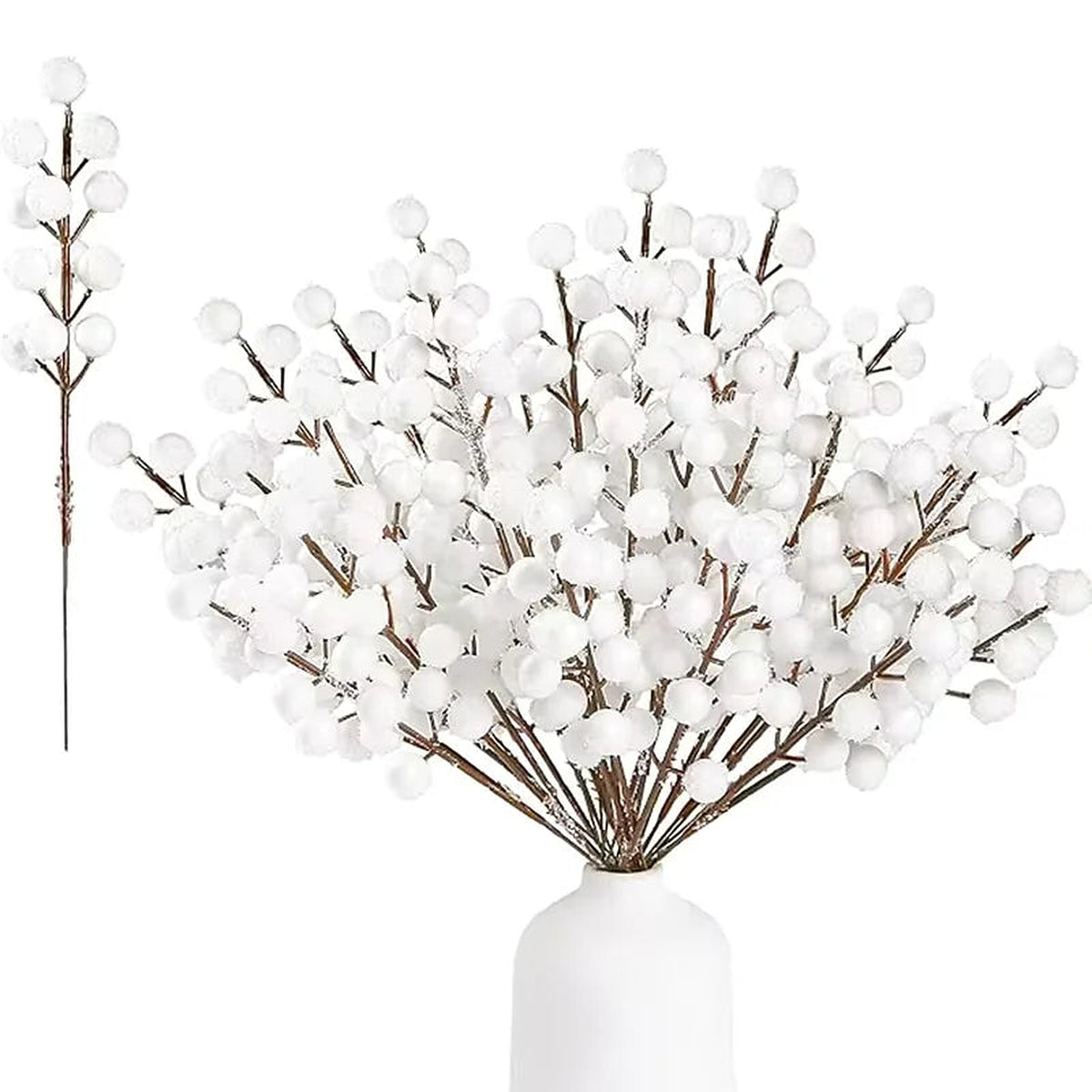 Snowy white berry picks in a white vase