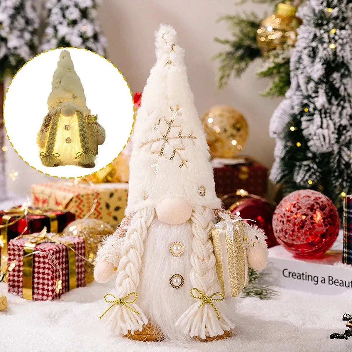 White light-up gnome with snowflake hat and braids