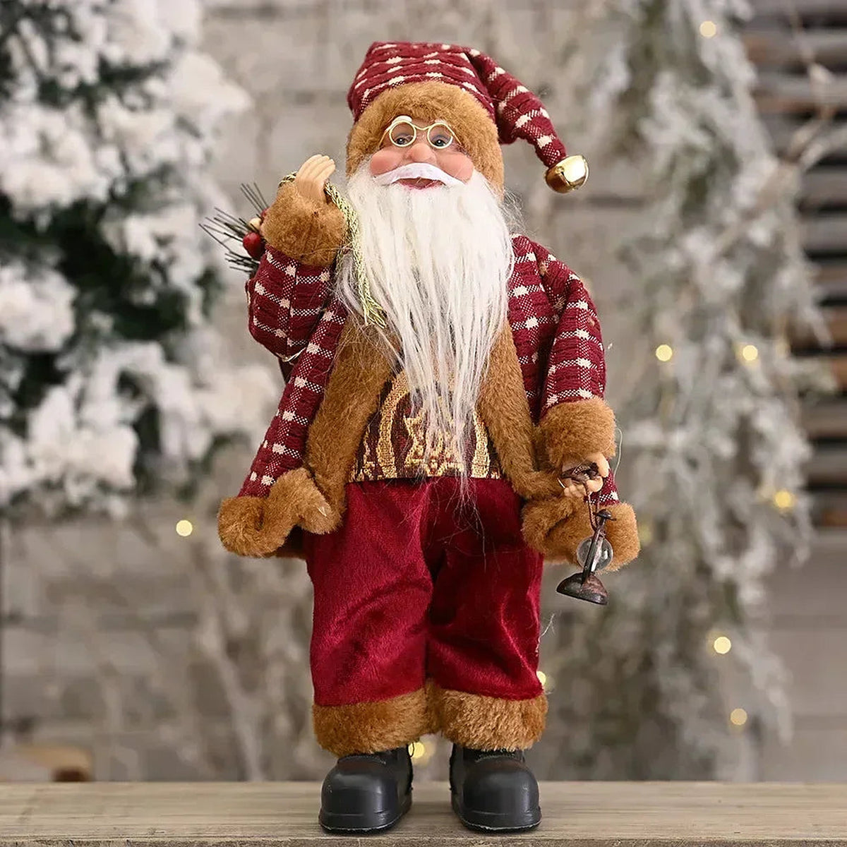 Lantern Santa figure in plaid hat