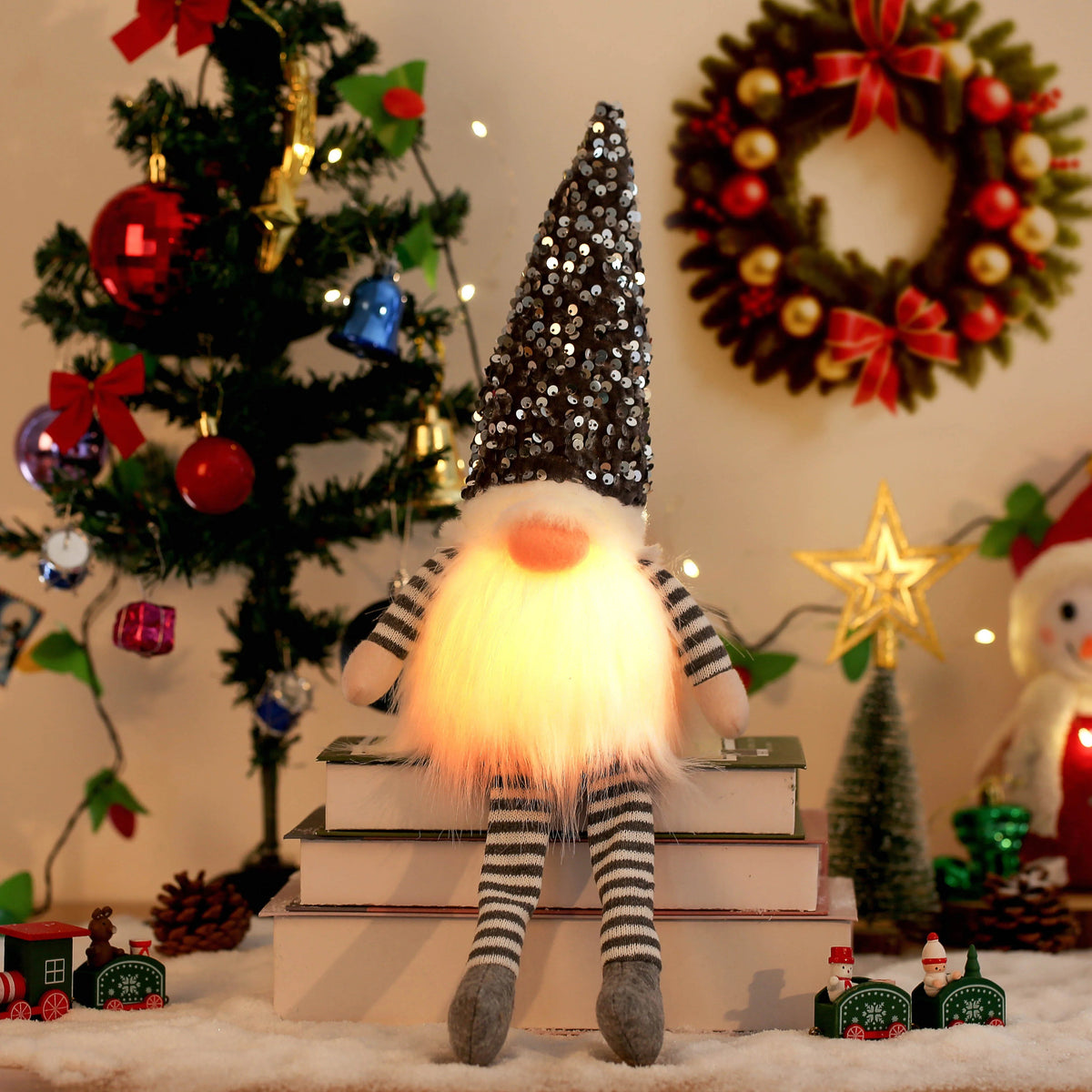 Light-up gnome with silver sequin hat and dangling legs