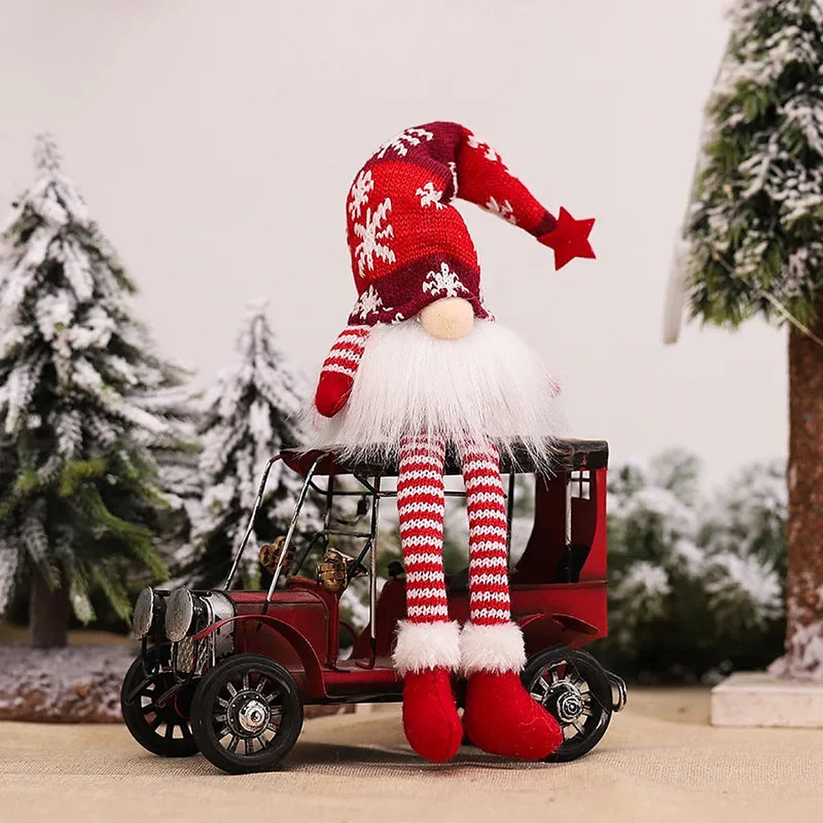 Red snowflake-hat gnome with long legs